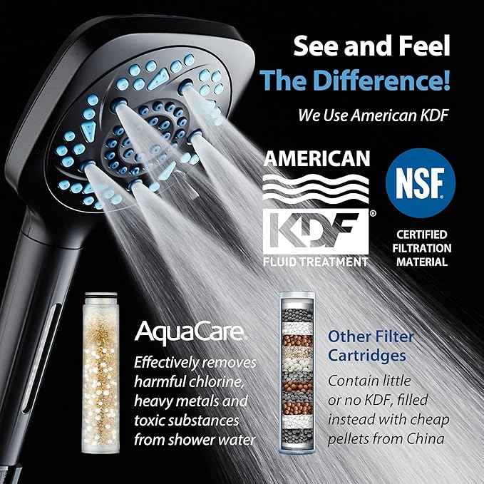 AquaCare High Pressure 10 Spray Mode Filtered Showerhead - Handheld Shower Head Filters Chlorine to Heal Dry Skin, Revive Hair - Dual Power Wash Cleans Tub, Tile, Pets - Hard Water Softener, Black