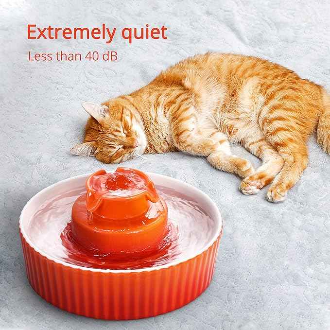 Ceramic Cat Water Fountain, 2.1L/71oz Pet Fountain for Dog and Cat, 3 Carbon Filters and 2 Water Pumps (Orange)