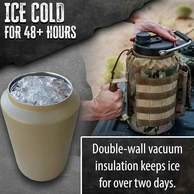 Iron Infidel Battle Bottle - One Gallon Insulated Water Bottle with Dual Carry Handles - 128 oz Tactical Stainless Steel Water Jug & Rugged Extra Large Sleeve With Storage (OCP Camo 128 Ounces)