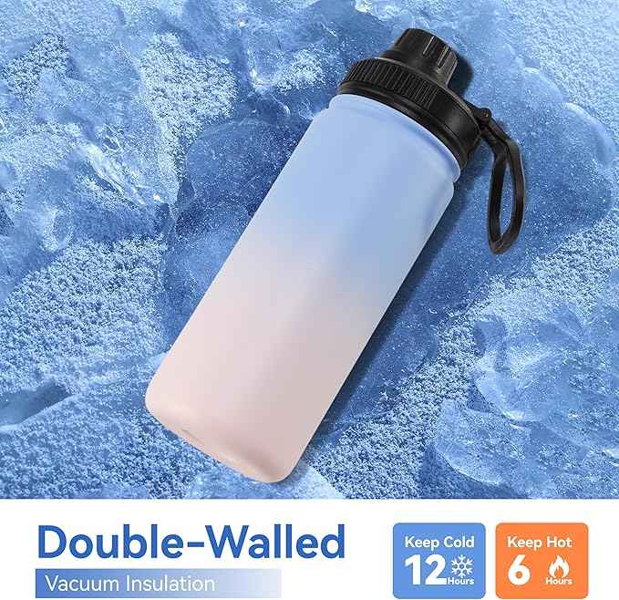 DOMICARE 16 oz Kids Water Bottle for School Stainless Steel Double Wall Vacuum Insulated Water Bottle with Straw lids & Spout Lid, Leakproof BPA Free (Blue/Pink,8)