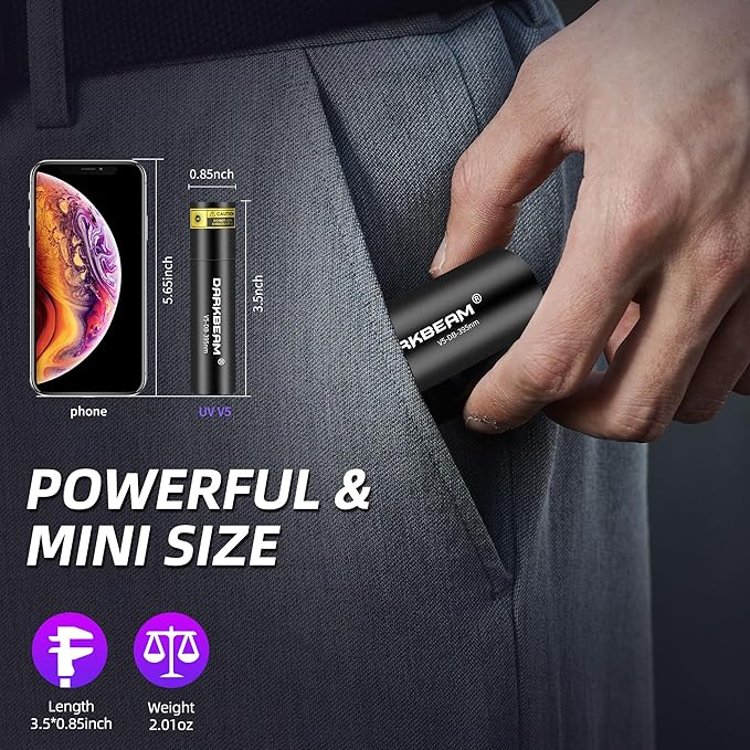 DARKBEAM UV Flashlight 395nm Light Blacklight, Mini But Powerful Woods Lamp USB-C Rechargeable, LED Ultraviolet Flashlights Pocket Pet Urine Detector for Mineral, Uranium Glass, Cured Resin