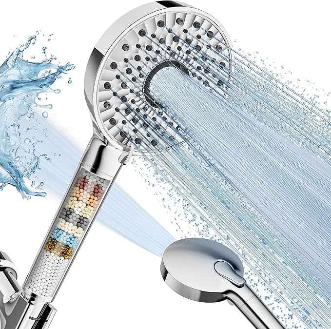 Filtered Shower Head with Handheld, High Pressure 10-Spd Detachable Chrome Showerhead with Stainless Hose, Water Softener Filter Beads for Hard Water - Remove Chlorine, Reduce Dry Itchy Skin