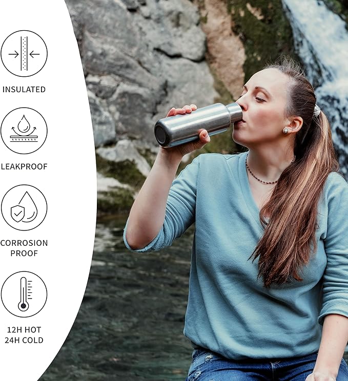 Bambaw 24 oz Metal Water Bottle, Insulated Stainless Steel Water Bottle, Great for Travel, Wide Mouth for Easy Cleaning, Reusable & Durable, Rust-Resistant & Sturdy (Natural Steal)
