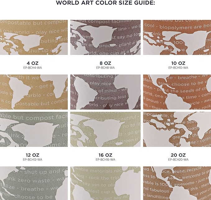 ECO PRODUCTS Compostable Disposable World Art 20oz Large Coffee Cups, Pack of 50, Renewable Hot Paper Cup, Plant Based PLA Lining, Color Coded