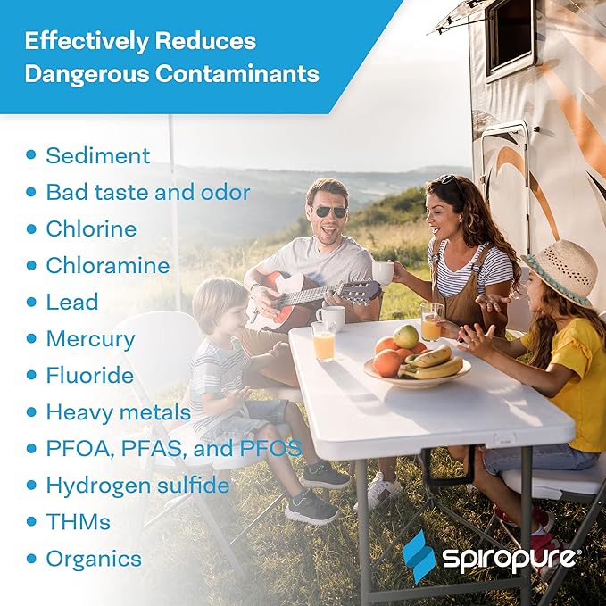 SpiroPure Multi-Stage RV Marine Inline Water Filter with Flexible Hose Protector - Sediment Carbon Hard Water Chlorine Chloramine Lead Mercury Heavy Metals PFOA PFAS