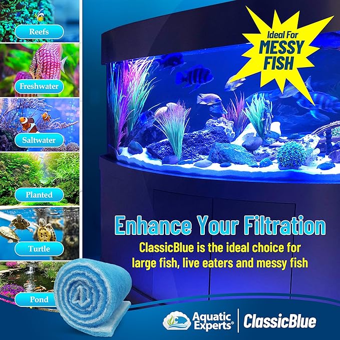 Aquatic Experts Classic Bonded Aquarium Filter Pad - Blue and White Aquarium Filter Media Roll Bulk Can Be Cut to Fit Most Filters, Made in USA (12" by 24 Feet by 3/4" Thick)