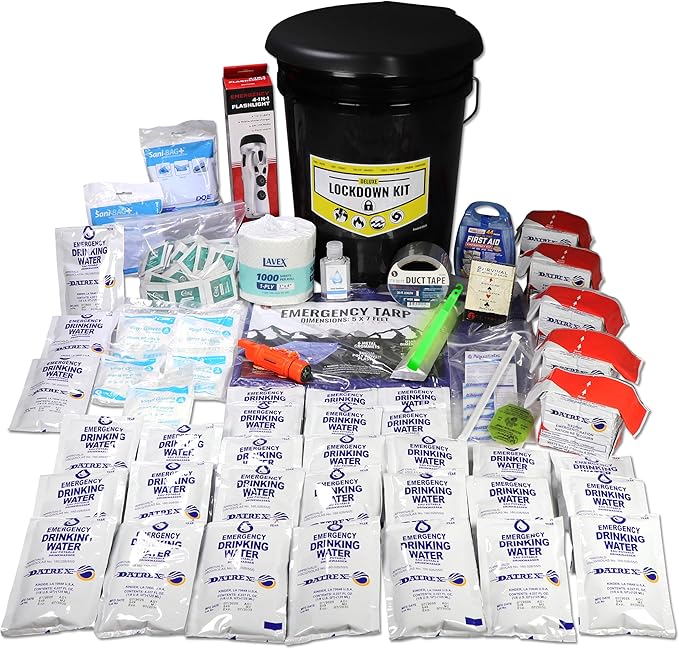 Deluxe Classroom Emergency Kit for Schools – Lockdown & Disaster Bucket Kit with Food, Water, First Aid, Radio, Sanitation & Survival Tools for 30 Students & Teacher