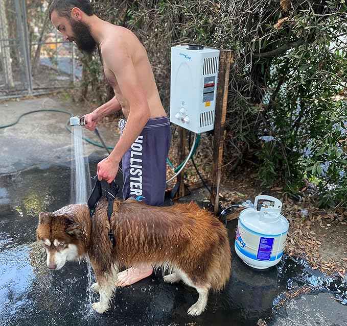 Flame King Portable Tankless Water Heater Propane Gas 10L 2.64 GPM at 68,000 BTU, Outdoor Instant Hot Water Shower for RV, Camping, Farm, Cabins