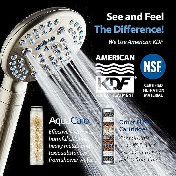 AquaCare High Pressure 6-way Dual Shower Head Combo with Built-in Filter & Power Wash - Clean Tub, Tile & Pets. Remove Chlorine, Lead & Toxins from Water to Protect Skin, Hair, & Nails. Nickel Finish