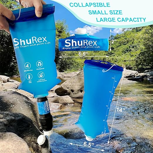2L Water Container Bag for Sawyer Water Filter Straw, Collapsible Water Bottle Bladder Compatible with Membrane Solutions Water Filter Straw, and other Water Flow Purifiers with 28 mm Thread (2L)