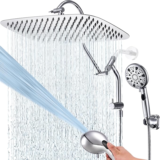 G-Promise 14 Inches Shower Heads with Massage Mode Handheld Sprayer Combo, 3 Way Metal Extended Diverter and Metal Adjustable Extension Arm, Stainless Steel Hose