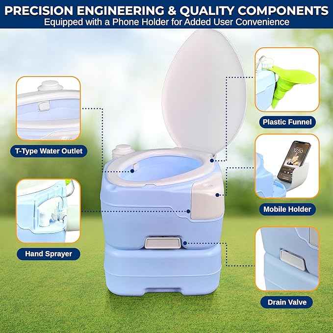 SereneLife 4 Gal Portable Camping Toilet For Adults, 100+ Flushes, Porta Potty Camp Toilet with Phone Holder, Hand Sprayer, Plastic Funnel for Camping, Hiking, and Boating