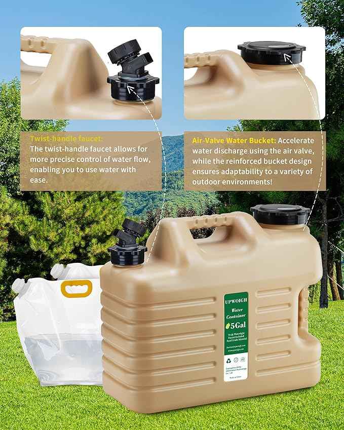 5 Gallon Water Jug and 2.6Gal Collapsible Water Bag Set of 2,BPA Free Thickened Water Storage Containers,Leak-Proof Warm Sand Portable Emergency Water Tank for Outdoors Hiking,Hurricane