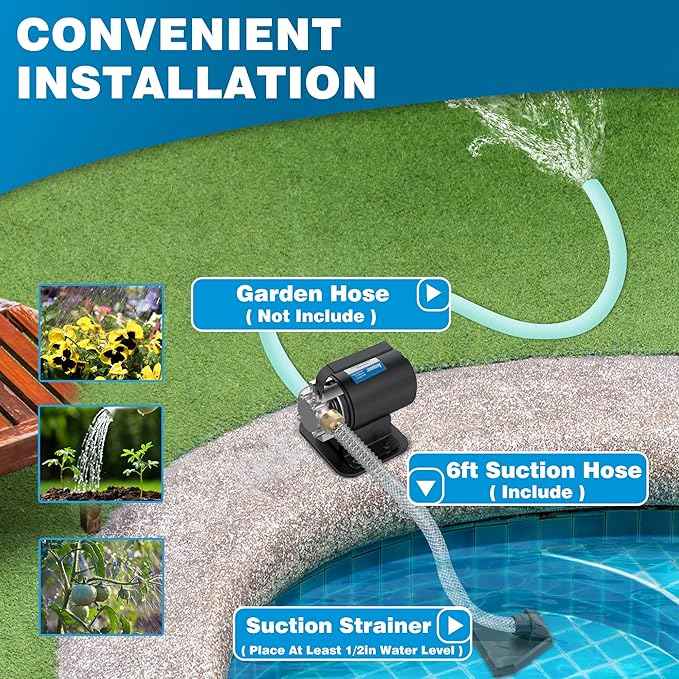 Acquaer Portable Electric Utility Water Transfer Pump 1/10 HP with Suction Hose Kit, Low Suction Water Removal for Water Beds, Pools, Rain Barrel, Aquariums, RV