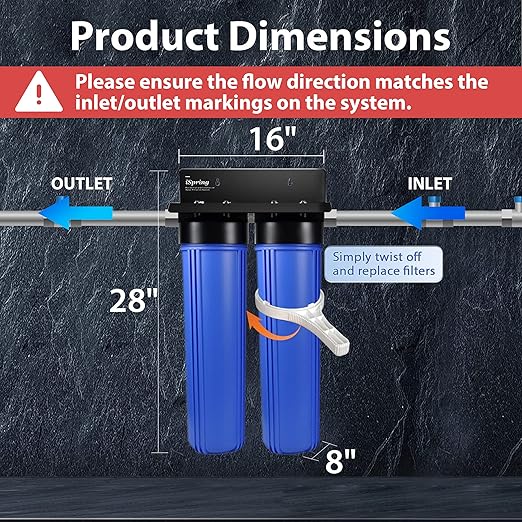 iSpring WGB22B 2-Stage Whole House Water Filter System, Reduces Chlorine, Sediment Water Filtration System for Home w/ 3/4'' Push-Fit Braided Stainless Steel Hose Connectors and Ball Valve