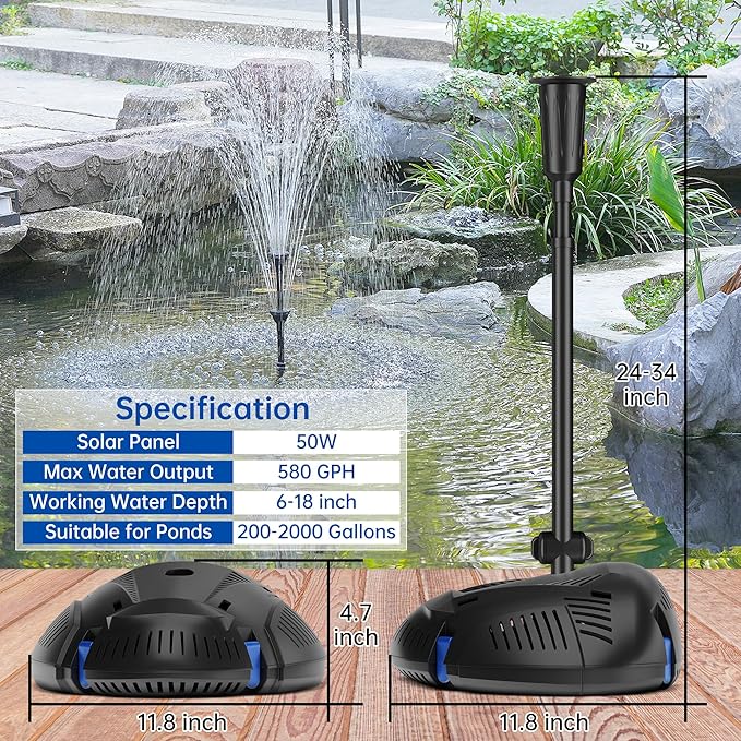 NFESOLAR Solar Fountain Pump with Pond Filter, 50W All-in-one Solar Powered Filter Fountain with 580 GPH Submersible Pump for Outdoor Ponds, Fish Tank, Pool, Garden Waterscape N3305