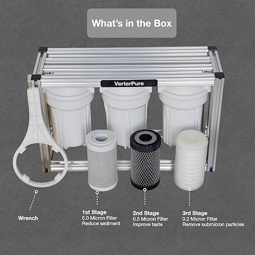 S3 Mini External 3-Stage RV Fresh Water Filter System, Compact, 5 Inch Filters, 3/4" GHT Stainless Steel Fittings, Reduce Sediment, Chlorine, Odor, All Aluminium Free-Standing Chassis, Silver