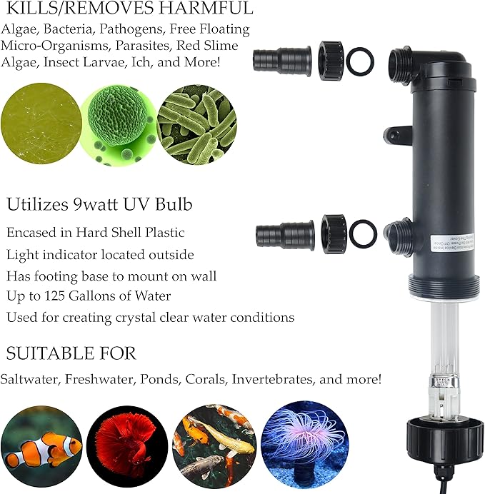 9W UV Ultraviolet Light Clarifier Filter – 20" Non-Submersible Lamp for Koi Ponds, Fish Tanks, and Aquariums
