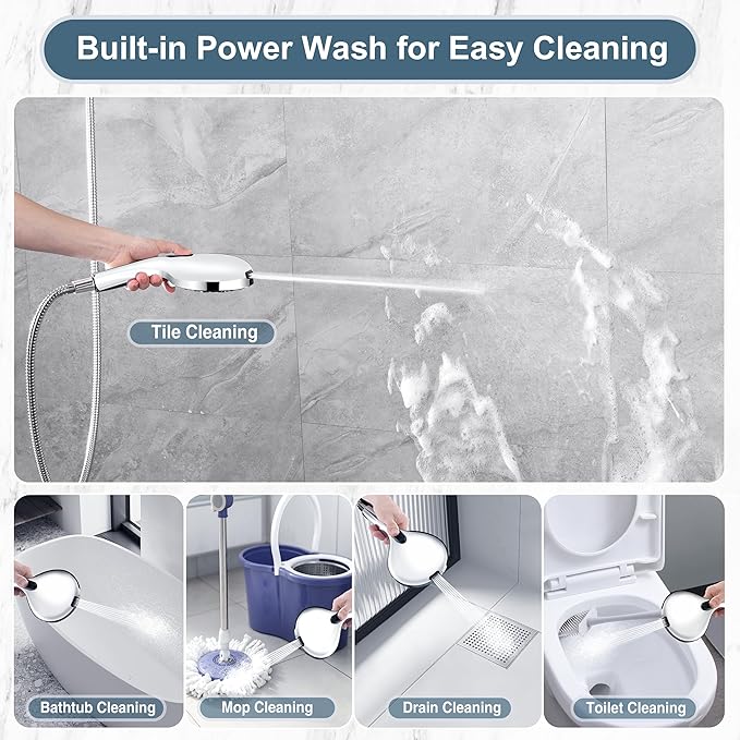 BRIGHT SHOWERS High Pressure Shower Head with Handheld, 9 Spray Settings Showerhead Built in Power Wash to Clean Tub and Pets, Extra Long 69" Hose, Adjustable Bracket, Chrome - AquaVibe