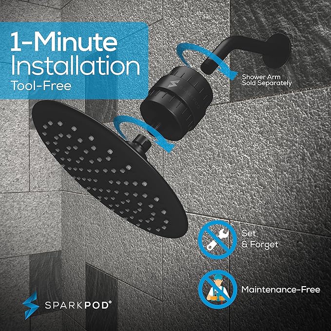SparkPod High Pressure Shower Filter Head with Extension Arm - 9.5" Shower Head with Enhanced Formula Filter for Heavy Metals, Chlorine, and Chloramine Removal; Matte Black Finish