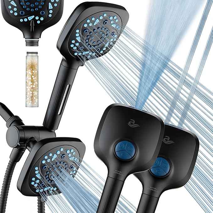 6-way High Pressure 82 Spray Mode Filtered Showerhead Combo - Handheld Shower Head Filters Chlorine to Heal Dry Skin, Revive Hair - Dual Power Wash Cleans Tub, Tile, Pets - Hard Water Softener, Black