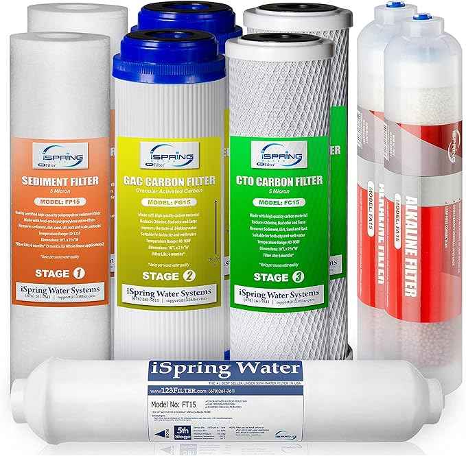iSpring 6-Stage Alkaline Reverse Osmosis System RCC7AK-BLK with Black Faucet and 1-Year Replacement Cartridge Pack Set F9K for Filtration Systems