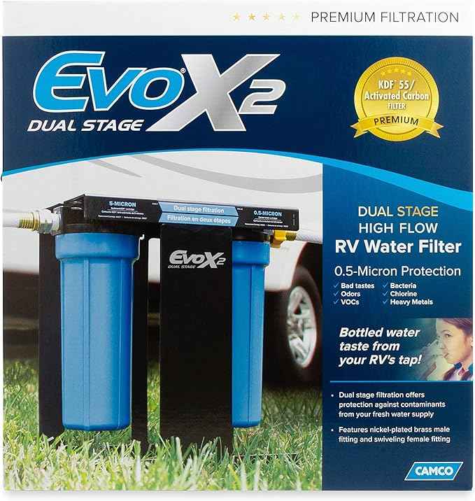Camco EVO X2 Dual Stage Camper/RV Water Filter Kit - 2 Stage Filtration w/KDF & GAC - Filters Out Bad Taste, Odors, Lead, Bacteria & More - Replaceable Filters - (40639)