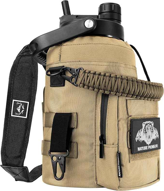 NATURE PIONEOR 1 Gallon Tactical Water Bottle Set, Stainless Steel 128 oz Sport Water Bottle with Tactical MOLLE Bottle Carrier Sleeve, for Outdoor Work, Gym, Hiking, Camping