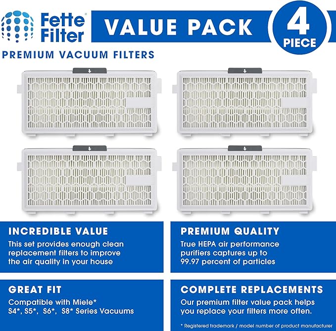 Fette Filter - HEPA Filters Compatible with Miele AirClean SF-HA 50 Filter for Model # S4, S5, S6, S8, S8000, S8999, S6000, S6999, S5000, S5999, S4000, S4999, Complete C2 & C3 (Pack of 4) - AquaVibe