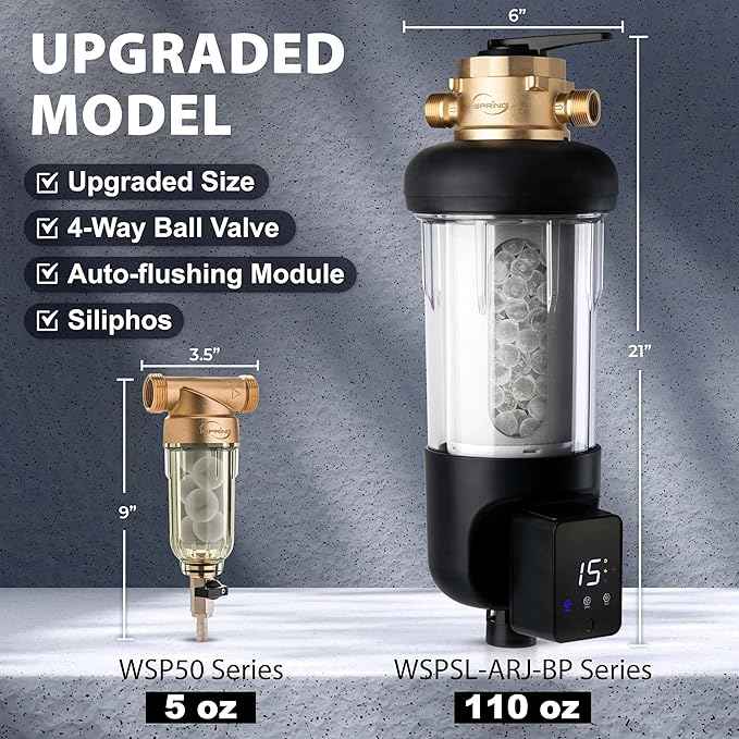 iSpring WSP100SL-ARJ-BP, NSF Certified, Whole House Spin Down Sediment Water Filter with 4 Modes Bypass, Include Siliphos Helps Prevent Scale, Clear Housing, Jumbo Size with Touch-Screen Auto Flushing