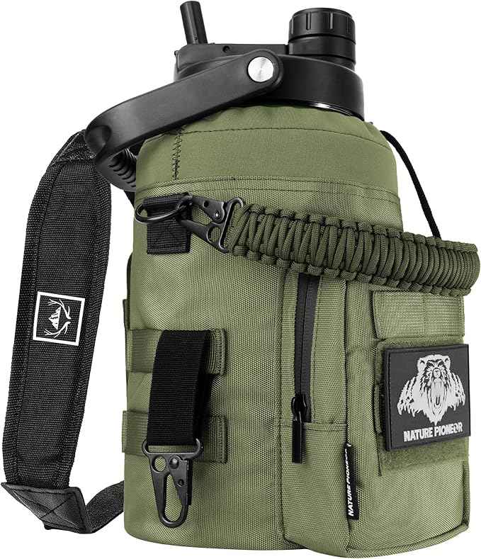 NATURE PIONEOR 1 Gallon Tactical Water Bottle Set, Stainless Steel 128 oz Sport Water Bottle with Tactical MOLLE Bottle Carrier Sleeve, for Outdoor Work, Gym, Hiking, Camping