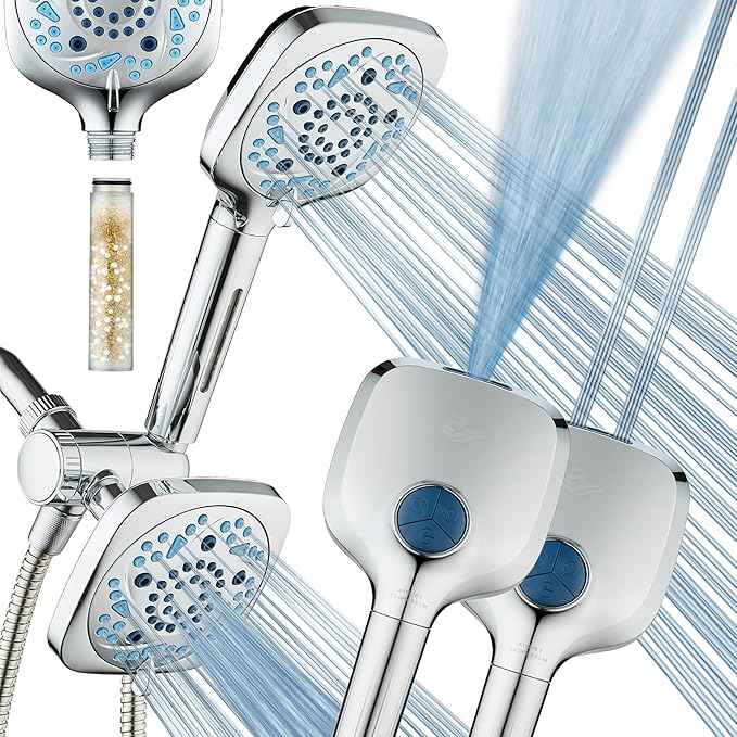 6-way High Pressure 82 Spray Mode Filtered Showerhead Combo - Handheld Shower Head Filters Chlorine to Heal Dry Skin, Revive Hair - Dual Power Wash Cleans Tub, Tile, Pets - Hard Water Softener, Chrome