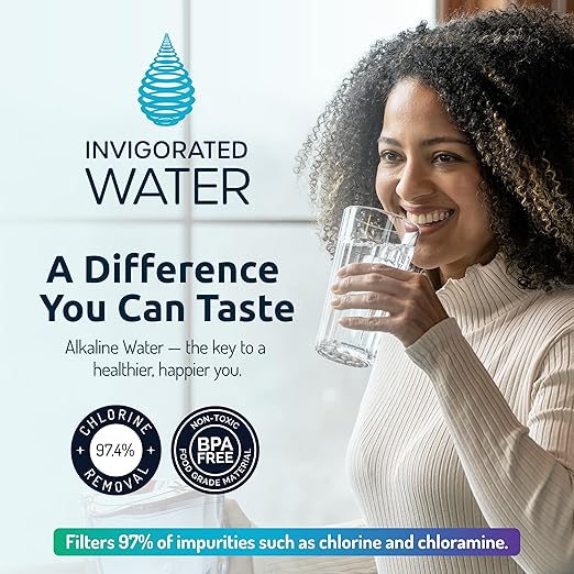 Invigorated Water - Alkaline Glass Water Filter Pitcher, High pH Purifier with 1 Alkalizer Filter Pouch (400-Liter Capacity), 7.5-Cup (1.8 Liter) for Drinking Water