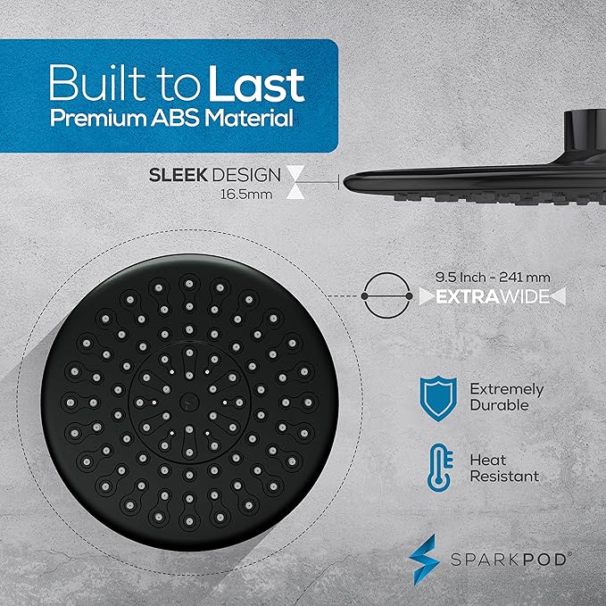 SparkPod High Pressure Shower Filter Head with Extension Arm - 9.5" Shower Head with Enhanced Formula Filter for Heavy Metals, Chlorine, and Chloramine Removal; Matte Black Finish