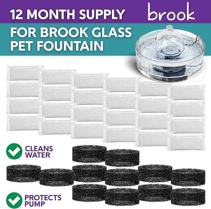 BROOK Glass Pet Fountain Filter Replacement Set – 12 Filter Rings & 24 Activated Carbon Pouches – Up to 12 Month Supply Replacement Filters Set for BROOK Cat Fountain