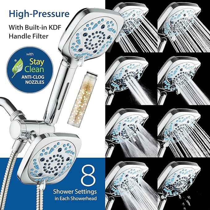 6-way High Pressure 82 Spray Mode Filtered Showerhead Combo - Handheld Shower Head Filters Chlorine to Heal Dry Skin, Revive Hair - Dual Power Wash Cleans Tub, Tile, Pets - Hard Water Softener, Chrome