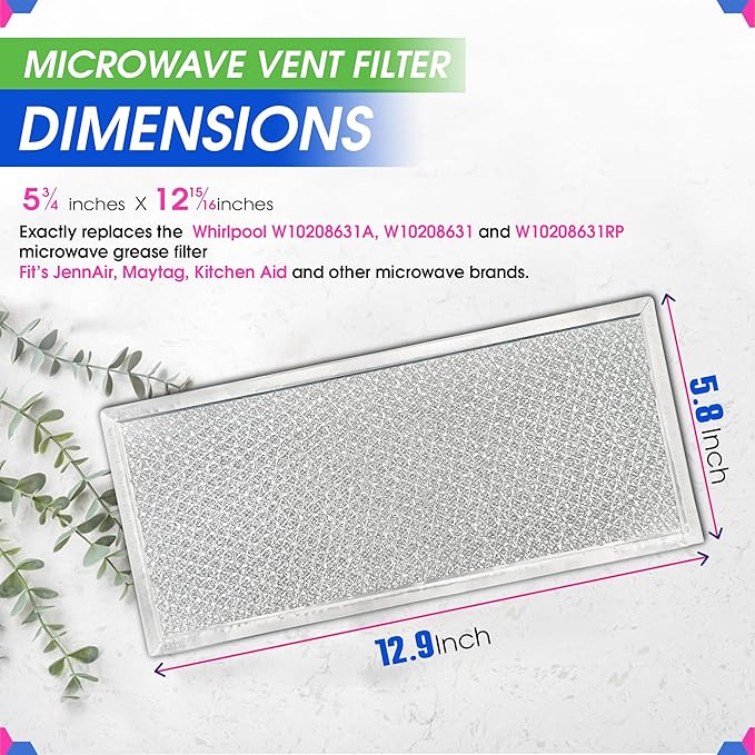 Microwave Filter Replacement 5.78" x 12.91" Fits W10208631A Whirlpool Microwave Filter - Aluminum Mesh Screen Grease Filters - Freshens and Filters Kitchen Air in Over the Range Oven Vent Fan (4-Pack)