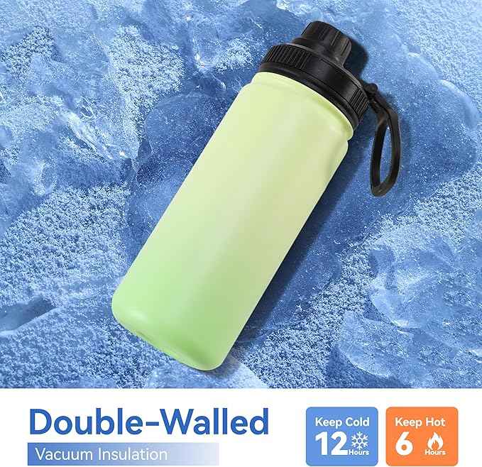 DOMICARE 16 oz Water Bottle Stainless Steel Double Wall Vacuum Insulated Water Bottle with Straw lids & Spout Lid, Leakproof