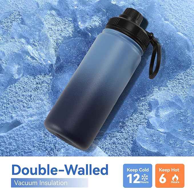DOMICARE 16 oz Kids Water Bottle for School Stainless Steel Double Wall Vacuum Insulated Water Bottle with Straw lids & Spout Lid, Leakproof BPA Free (Blue/Navy,1)