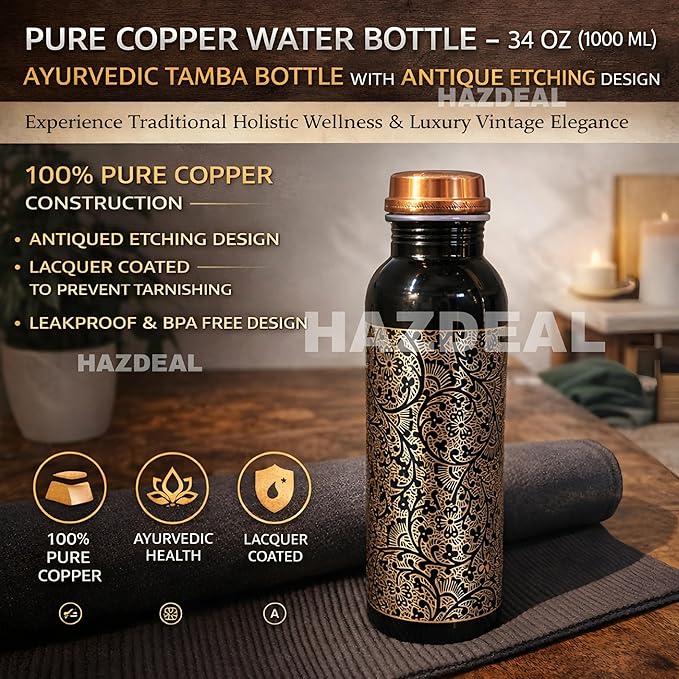 Copper Water Bottle 1 Liter – Leakproof Ayurvedic Tamba Bottle for Drinking Water, BPA-Free Copper Vessel for Health Benefits, Joint-Free Durable | |Home| Office (Printed3)