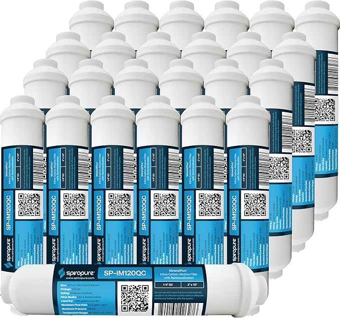 SpiroPure SP-IM120QC Inline Alkaline Carbon Water Filter, MineralPlus Remineralization, 1/4" Quick-Connect 2” x 10”, Remineralizing for RO System, Refrigerators (25 Pack)
