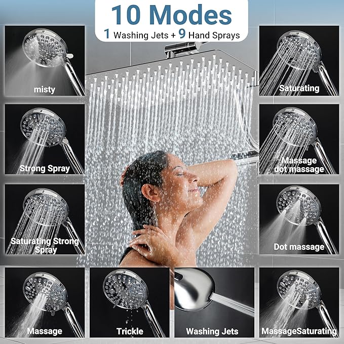 Filtered Shower Head with Handheld, 11.8" Rain Shower Head, High Pressure 10-Function Handheld Shower Head, with 13.6" Adjustable Shower Head Extension Arm, Shower Head Holder Adhesive (Chrome)