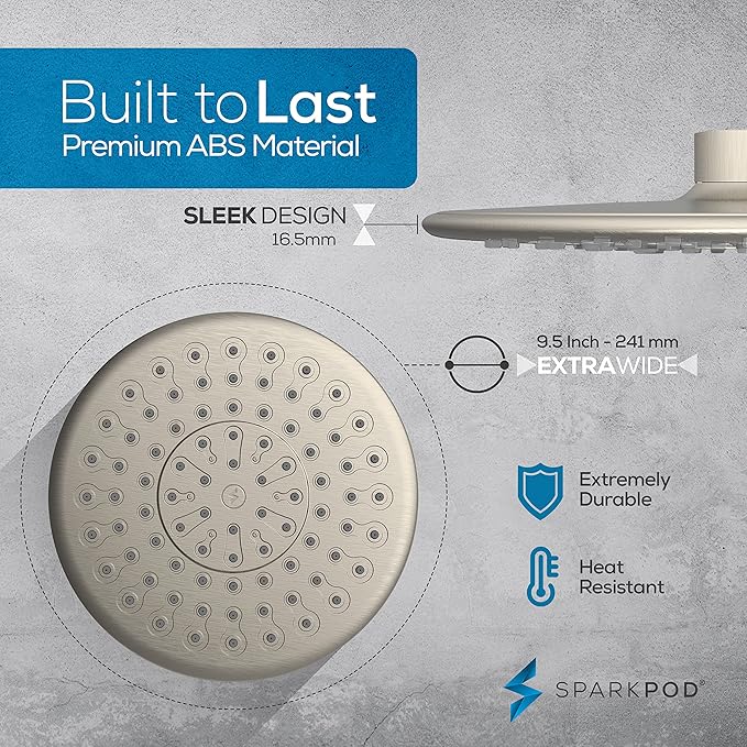 SparkPod 9.5 Inch Large Rain Shower Head - Luxury Rainfall Shower Head - High Pressure Showerhead, Full Body Coverage with Anti-Clog Silicone Nozzles -No Hassle, Easy Install (1/2 NPT, Brushed Nickel)