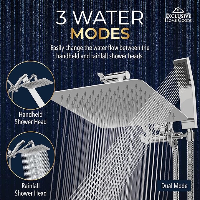 All Metal Shower Head 10" Dual Square Shower Head With Handheld Wand 71in Hose Set, High Pressure Rain Shower Heads Combo, 3-Way Diverter Rainfall Showerhead with Adjustable Extension Arm