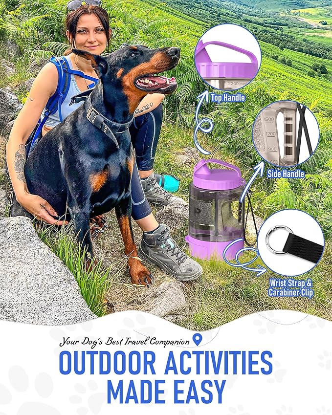 77oz Dog Travel Water Bottle, Large Portable Dog Water Bowl Dispenser, Leakproof Pet Drinking Bottle Dispenser for Hiking Camping Walking Travelling Beach Car Trips, No Spill, BPA Free,Purple - AquaVibe