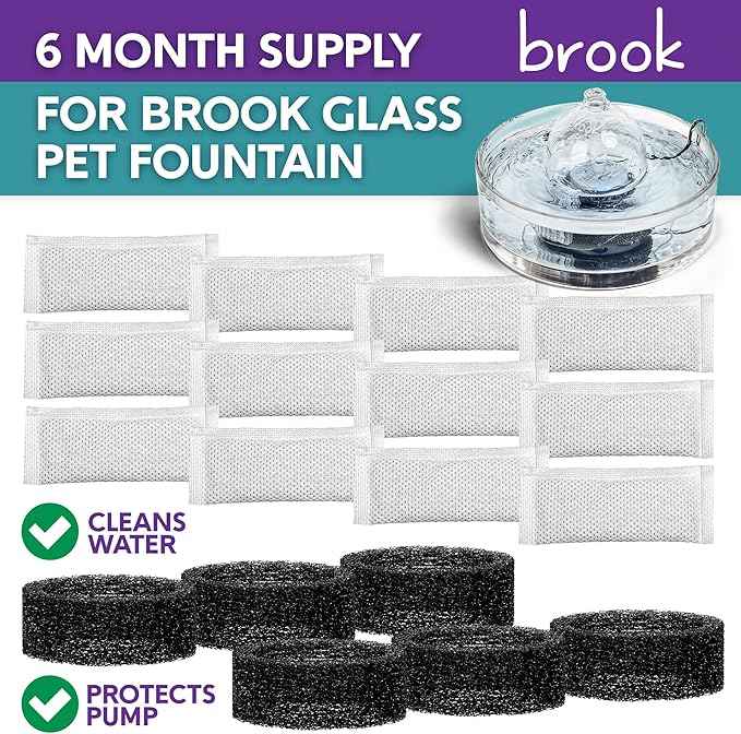 BROOK Glass Pet Fountain Filter Replacement Set – 6 Filter Rings & 12 Activated Carbon Pouches – Up to 6 Month Supply Replacement Filters Set for BROOK Cat Fountain