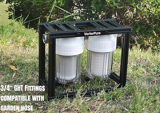 S2 Mini External 2-Stage RV Fresh Water Filter System, Compact, 5 Inch Filters, 3/4" GHT Stainless Steel Fittings, Reduce Sediment, Chlorine, Odor, All Aluminium Free-Standing Chassis, Clear