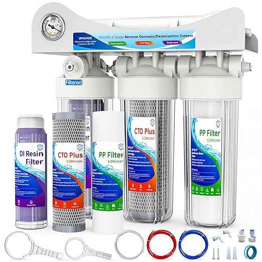 4 Stage Reverse Osmosis Deionization Water Fliter System, with Pressure Gauge and Deionization Water Filter, RO/DI Water Filtration System with Flushing Valve，100 GPD