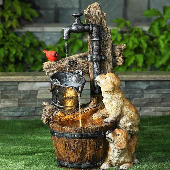LuxenHome Water Fountain Outdoor, 30" Rustic Outdoor Water Fountain with LED Lights, Rustic Barrel Puppy and Pump Water Feature Outdoor, Garden Fountains Outdoor Patio, Porch, or Indoor Entryway