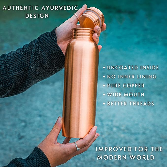 Kosdeg Copper Water Bottle - 34oz Smooth Design - A Handcrafted Ayurvedic Pure Copper Vessel For Drinking - Drink More Water, Lower Your Sugar Intake And Enjoy The Health Benefits